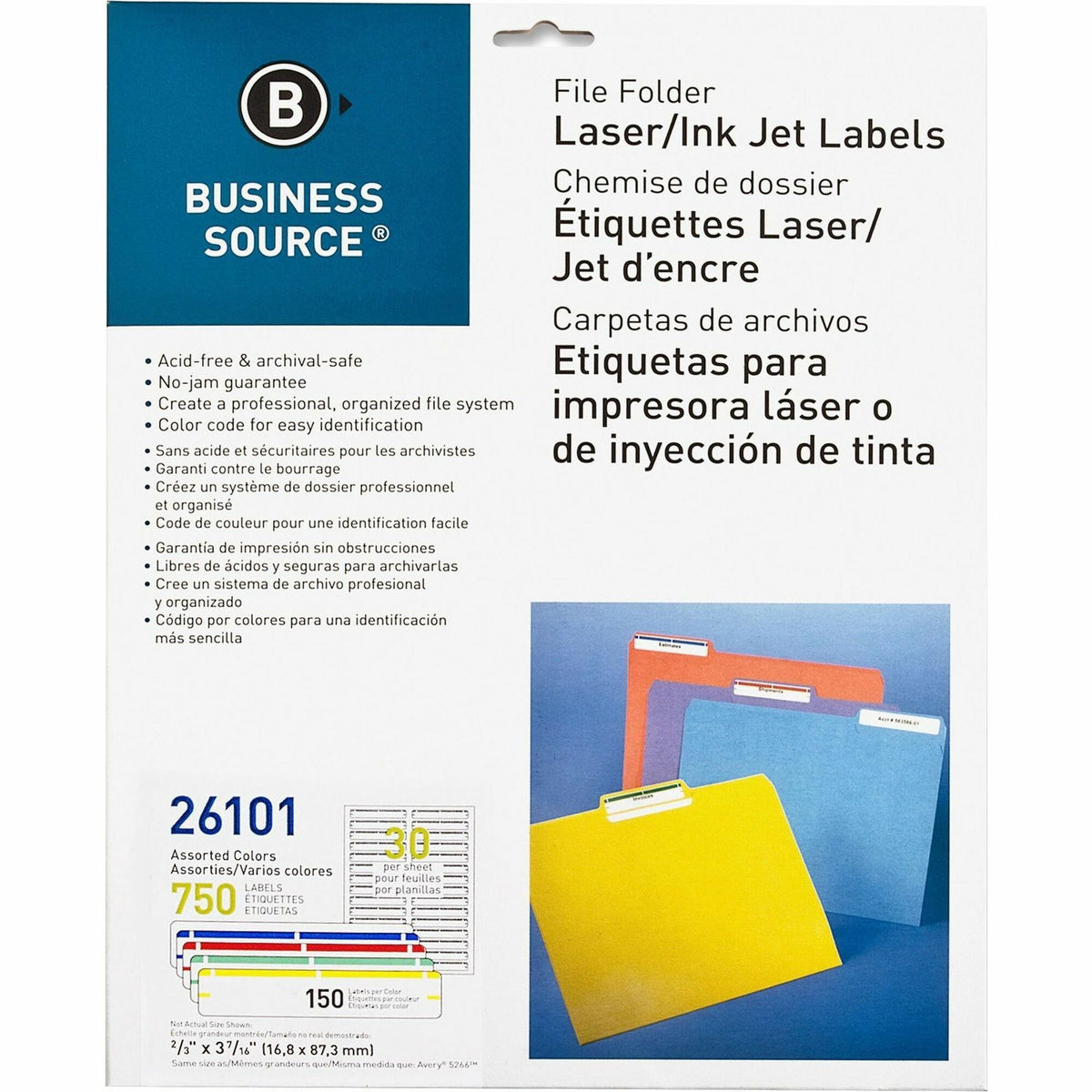 Business Source Laser/Inkjet File Folder Labels - 21/32" Width x 3 7/16" Length - Permanent Adhesive - Rectangle - Laser, Inkjet - Assorted - Jam-free, Lignin-free, Self-adhesive - 30 / Sheet - 750 / Pack