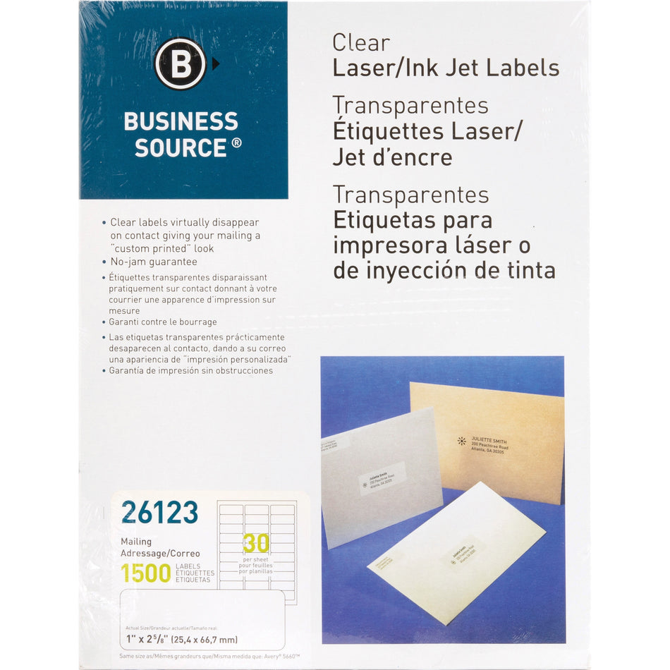 Business Source Mailing Address Labels - 1" Width x 2 3/4" Length - Permanent Adhesive - Rectangle - Laser - Clear - Self-adhesive - 30 / Sheet - 1500 / Pack