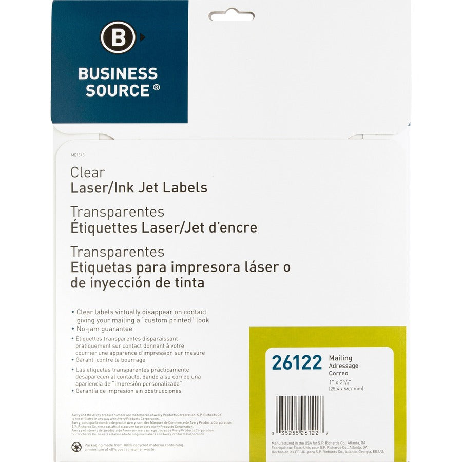 Business Source Mailing Address Labels - 1" Width x 2 3/4" Length - Permanent Adhesive - Rectangle - Laser - Clear - Self-adhesive - 30 / Sheet - 750 / Pack