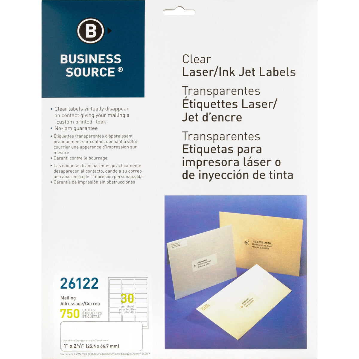 Business Source Mailing Address Labels - 1" Width x 2 3/4" Length - Permanent Adhesive - Rectangle - Laser - Clear - Self-adhesive - 30 / Sheet - 750 / Pack