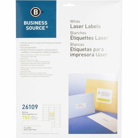 Business Source Bright White Premium-quality Address Labels - 1" Width x 2 5/8" Length - Permanent Adhesive - Rectangle - Laser, Inkjet - White - Lignin-free, Jam-free - 30 / Sheet - 25 Total Sheets - 750 / Pack
