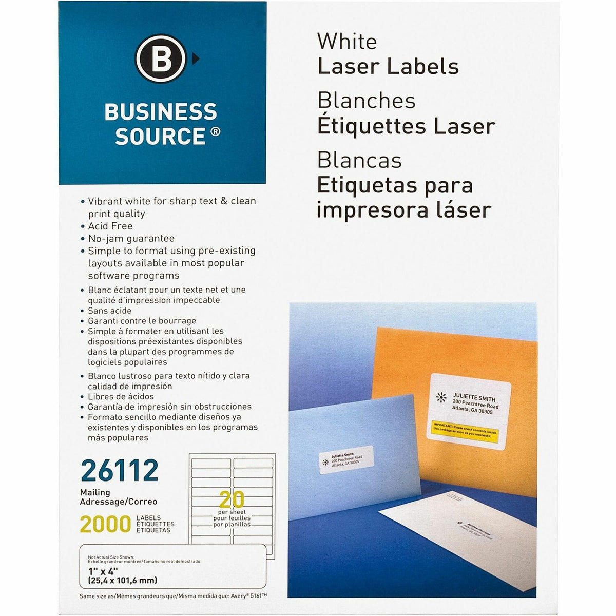 Business Source Bright White Premium-quality Address Labels - 1" Width x 4" Length - Permanent Adhesive - Rectangle - Laser, Inkjet - White - Lignin-free, Jam-free - 20 / Sheet - 100 Total Sheets - 2000 / Pack