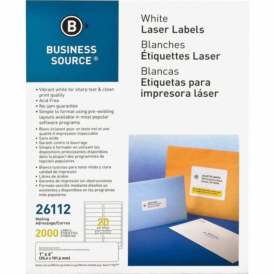 Business Source Bright White Premium-quality Address Labels - 1" Width x 4" Length - Permanent Adhesive - Rectangle - Laser, Inkjet - White - Lignin-free, Jam-free - 20 / Sheet - 100 Total Sheets - 2000 / Pack