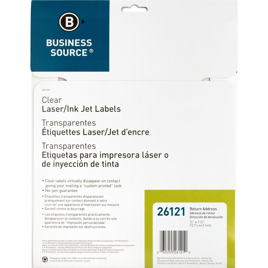 Business Source Clear Return Address Laser Labels - 1/2" Height x 1 3/4" Width - Permanent Adhesive - Rectangle - Laser - Clear - Self-adhesive - 80 / Sheet - 2000 / Pack