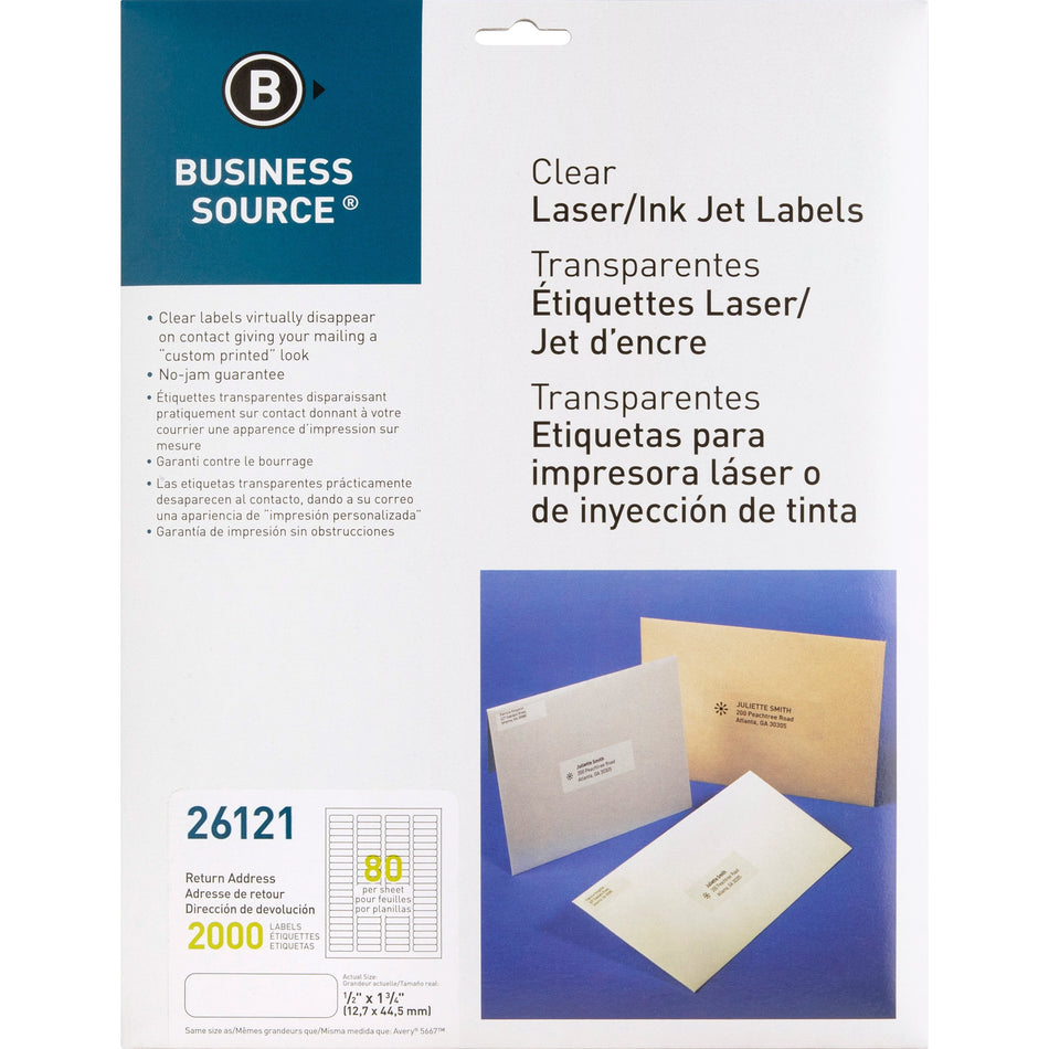 Business Source Clear Return Address Laser Labels - 1/2" Height x 1 3/4" Width - Permanent Adhesive - Rectangle - Laser - Clear - Self-adhesive - 80 / Sheet - 2000 / Pack