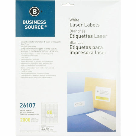 Business Source Address Laser Labels - 1/2" Width x 1 3/4" Length - Permanent Adhesive - Rectangle - Laser - White - Lignin-free, Jam-free - 80 / Sheet - 25 Total Sheets - 2000 / Pack