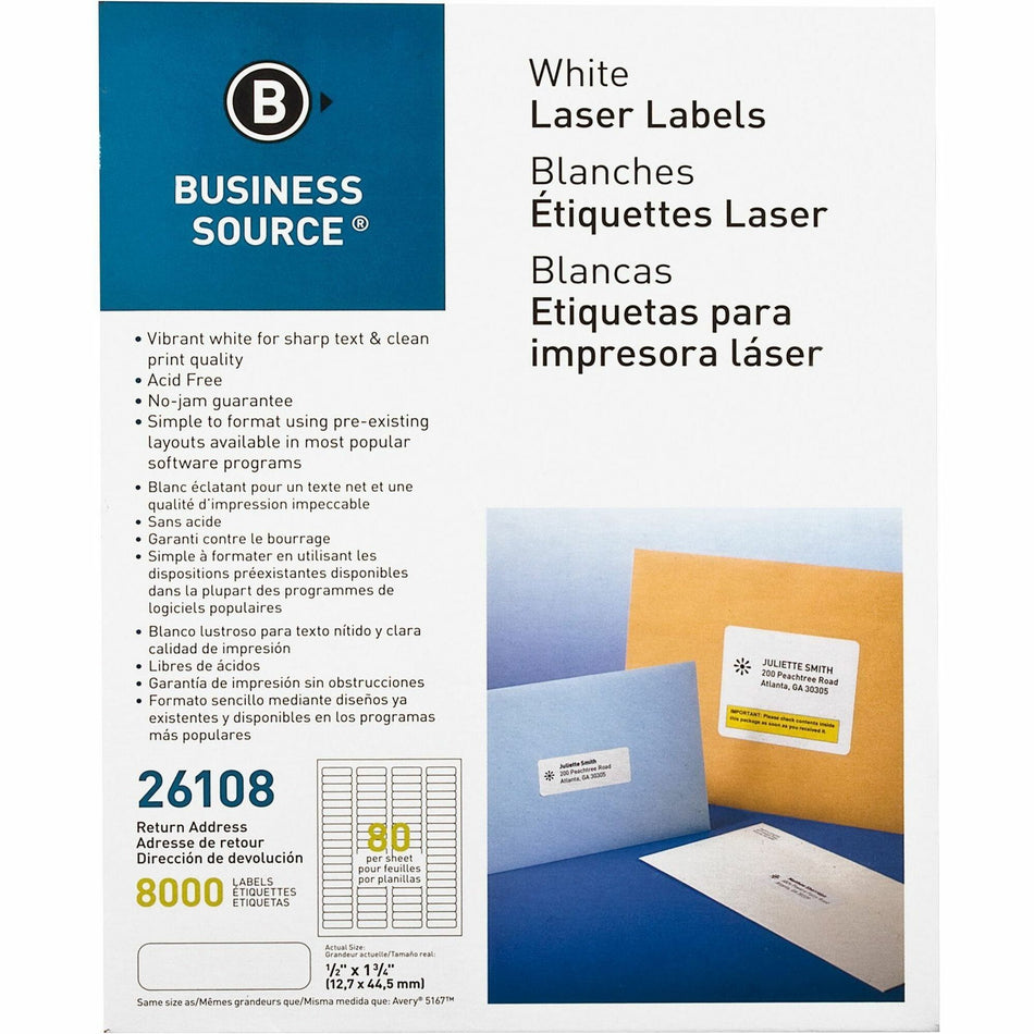 Business Source Address Laser Labels - 1/2" Width x 1 3/4" Length - Permanent Adhesive - Rectangle - Laser - White - Lignin-free, Jam-free - 80 / Sheet - 100 Total Sheets - 8000 / Pack