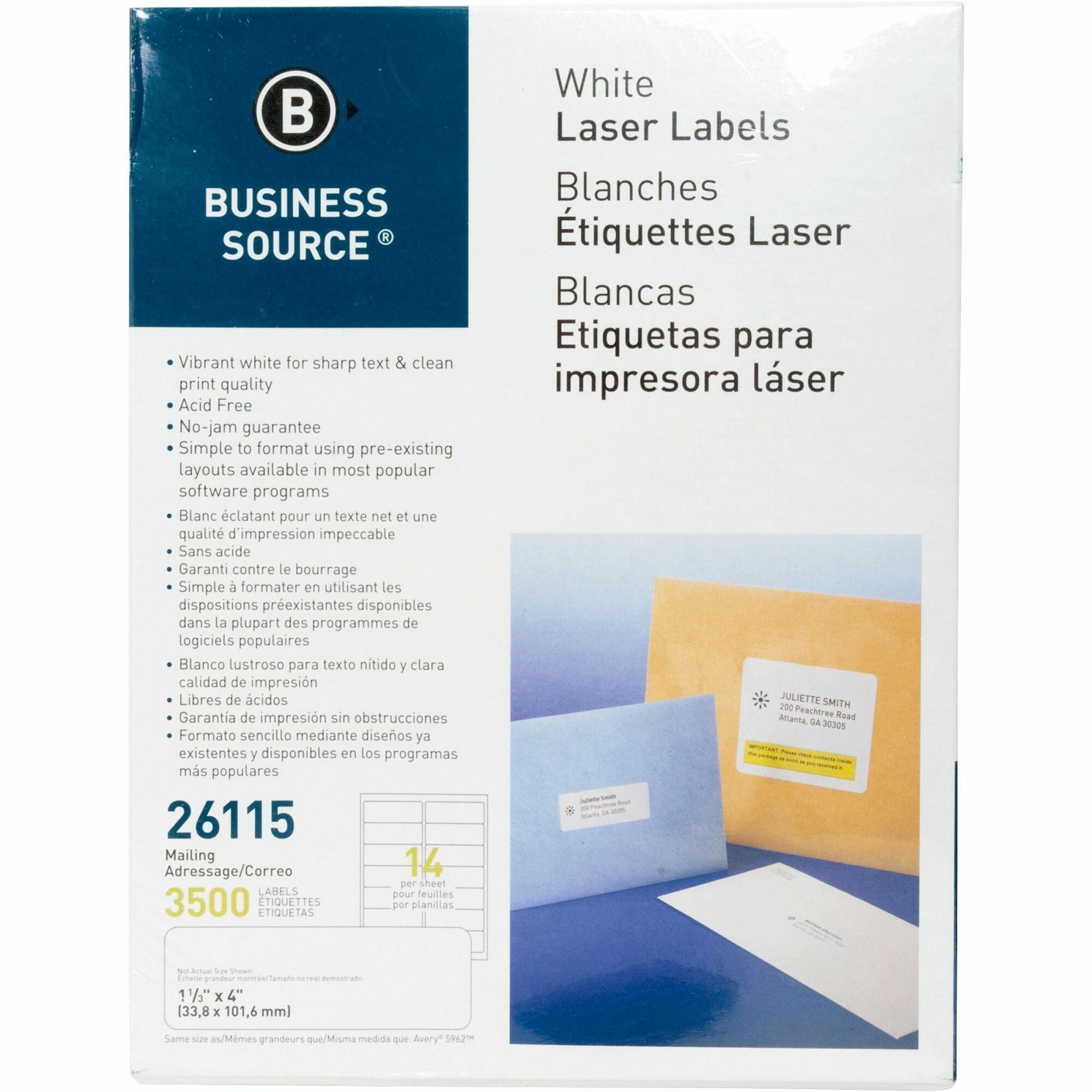 Business Source Bright White Premium-quality Address Labels - 1 1/3" Width x 4" Length - Permanent Adhesive - Rectangle - Laser, Inkjet - White - Lignin-free, Jam-free - 14 / Sheet - 250 Total Sheets - 3500 / Pack