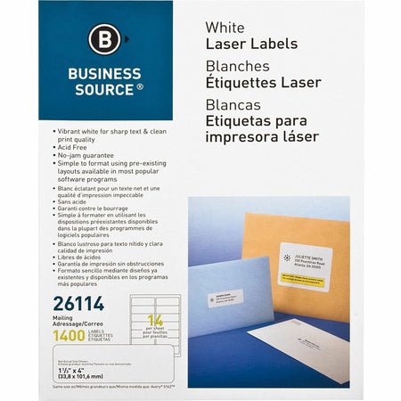 Business Source Bright White Premium-quality Address Labels - 1 1/3" Width x 4" Length - Permanent Adhesive - Rectangle - Laser, Inkjet - White - Lignin-free, Jam-free - 14 / Sheet - 100 Total Sheets - 1400 / Pack
