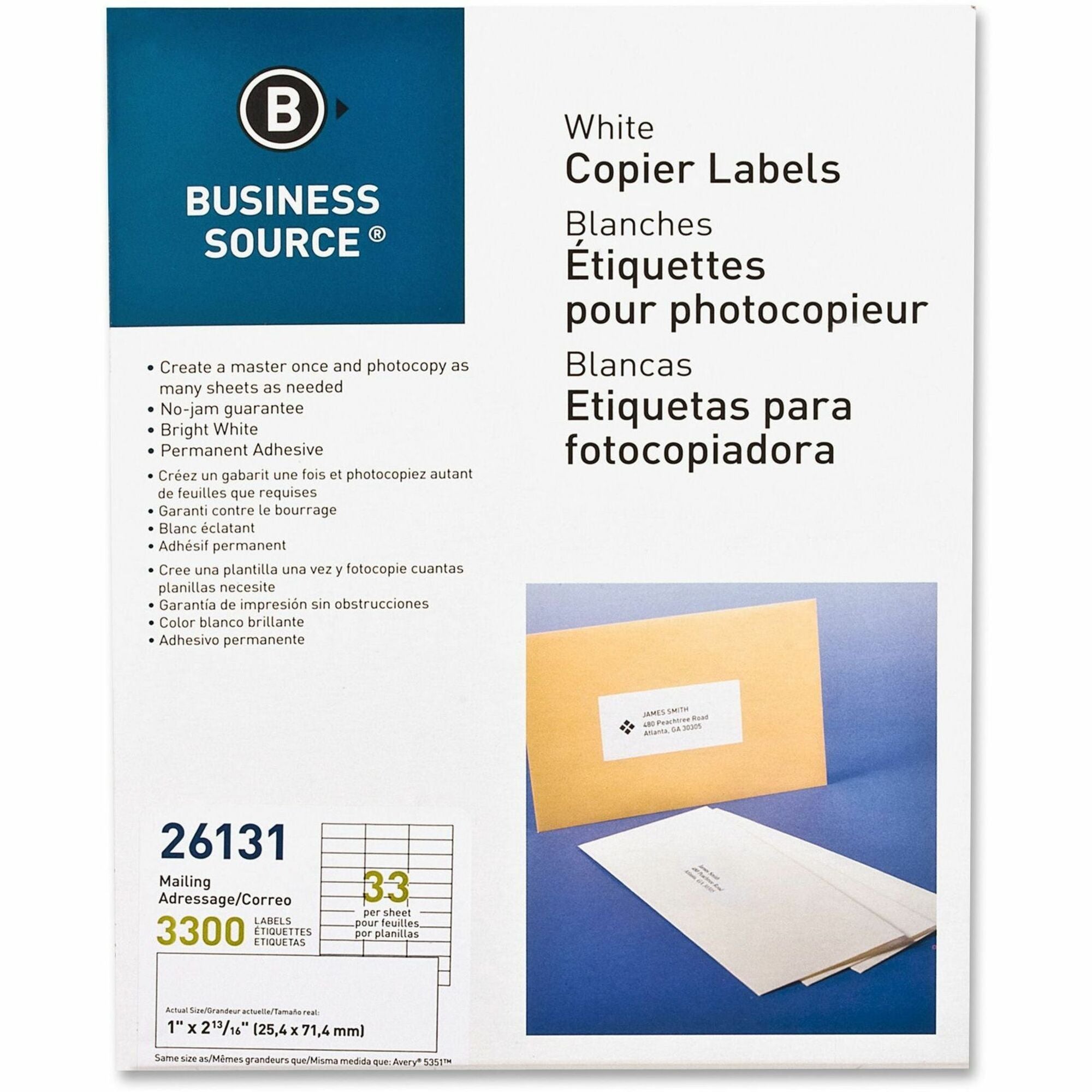 Business Source Bright White Copier Labels - 1" Width x 2 13/16" Length - Rectangle - White - Lignin-free, Jam-free - 33 / Sheet - 3300 / Pack