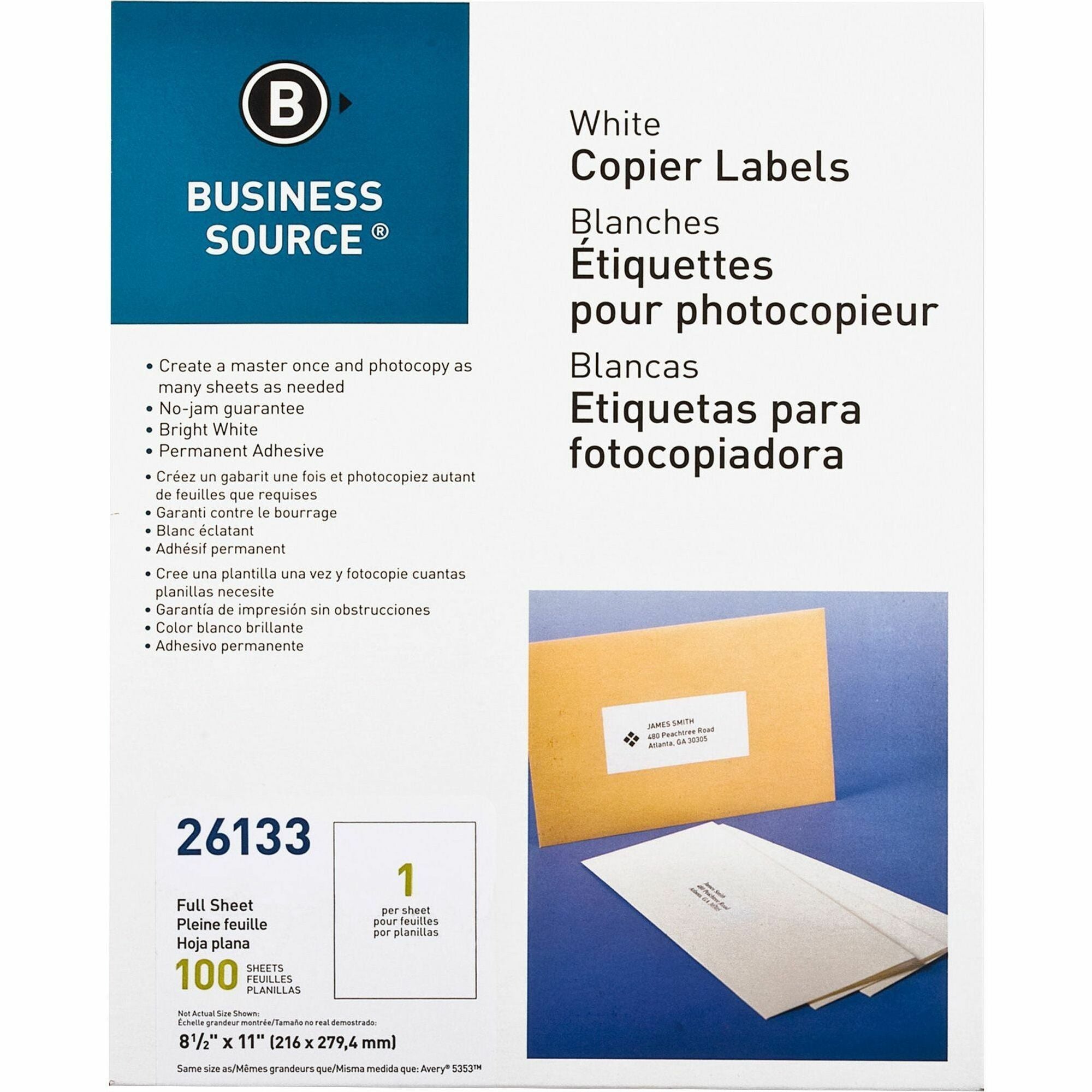 Business Source 8-1/2"x11" Copier Labels - 8 1/2" Width x 11" Length - Rectangle - White - Lignin-free, Jam-free - 1 / Sheet - 100 / Pack