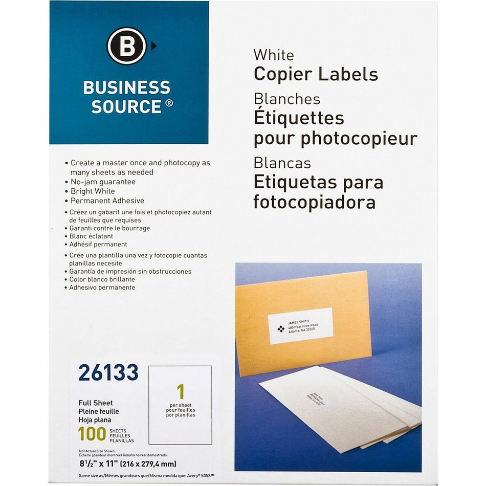 Business Source 8-1/2"x11" Copier Labels - 8 1/2" Width x 11" Length - Rectangle - White - Lignin-free, Jam-free - 1 / Sheet - 100 / Pack