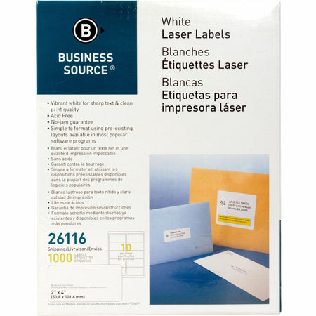 Business Source Bright White Premium-quality Shipping Labels - 2" Width x 4" Length - Permanent Adhesive - Rectangle - Laser, Inkjet - White - Lignin-free, Jam-free - 10 / Sheet - 100 Total Sheets - 1000 / Pack