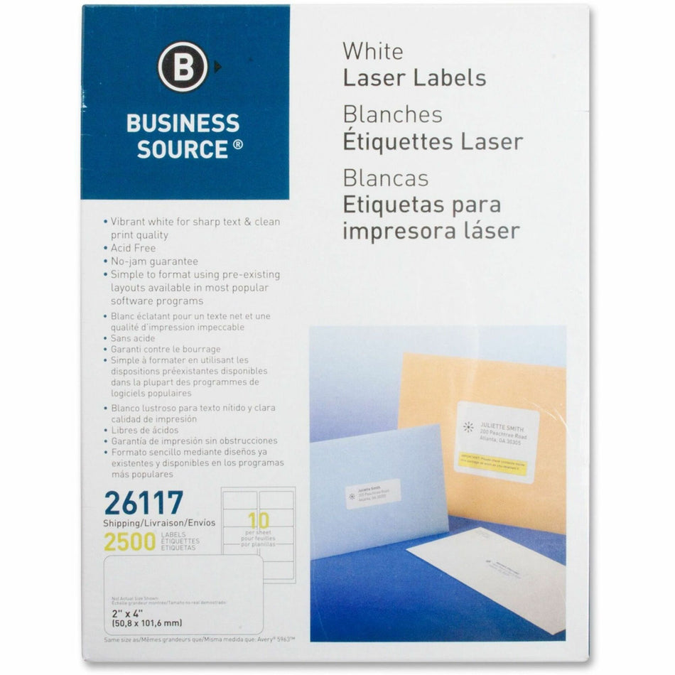 Business Source Bright White Premium-quality Shipping Labels - 2" Width x 4" Length - Permanent Adhesive - Rectangle - Laser, Inkjet - White - Lignin-free, Jam-free - 10 / Sheet - 250 Total Sheets - 2500 / Pack