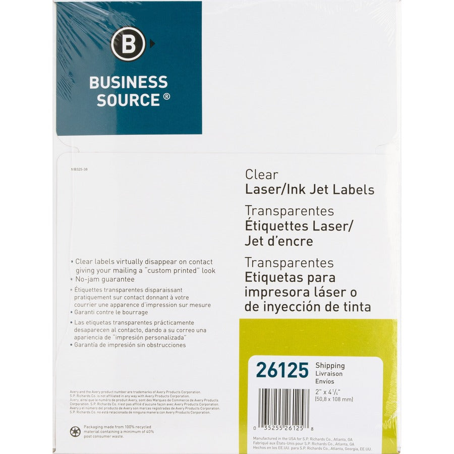 Business Source Clear Shipping Labels - 2" Width x 4 1/4" Length - Permanent Adhesive - Rectangle - Laser - Clear - Self-adhesive - 10 / Sheet - 500 / Pack