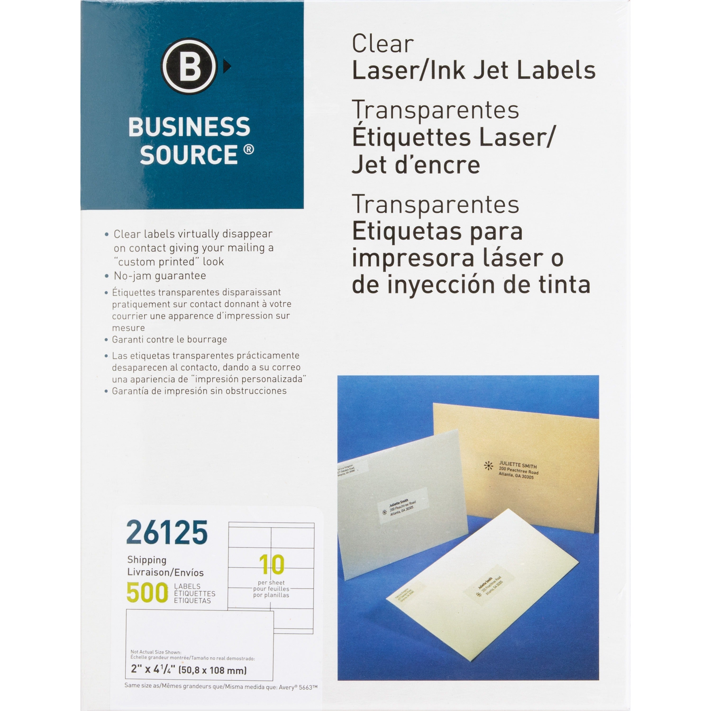 Business Source Clear Shipping Labels - 2" Width x 4 1/4" Length - Permanent Adhesive - Rectangle - Laser - Clear - Self-adhesive - 10 / Sheet - 500 / Pack
