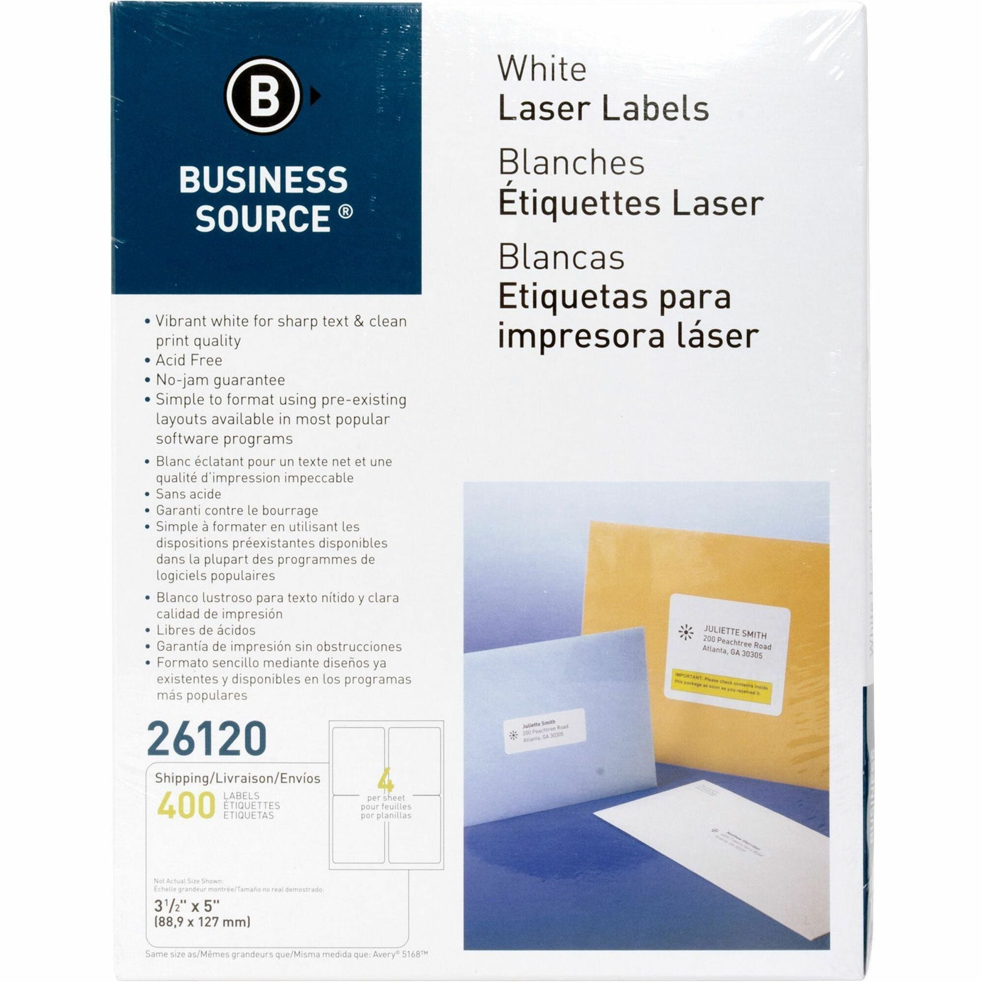 Business Source Bright White Premium-quality Address Labels - 3 1/2" Width x 5" Length - Permanent Adhesive - Rectangle - Laser, Inkjet - White - Lignin-free, Jam-free - 4 / Sheet - 100 Total Sheets - 400 / Pack