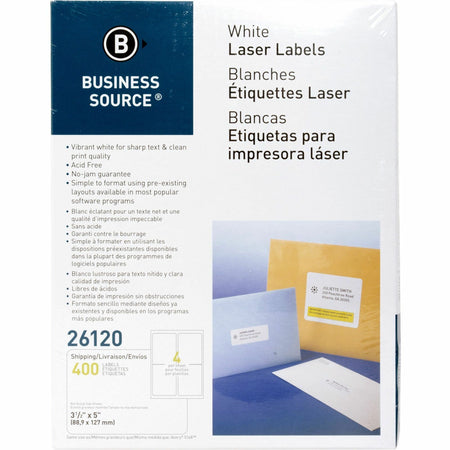 Business Source Bright White Premium-quality Address Labels - 3 1/2" Width x 5" Length - Permanent Adhesive - Rectangle - Laser, Inkjet - White - Lignin-free, Jam-free - 4 / Sheet - 100 Total Sheets - 400 / Pack