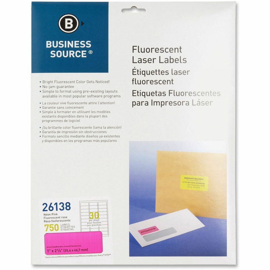 Business Source Neon Labels - 1" Width x 2 5/8" Length - Permanent Adhesive - Rectangle - Laser - Neon Pink - Jam-free, Pressure Sensitive - 30 / Sheet - 750 / Pack