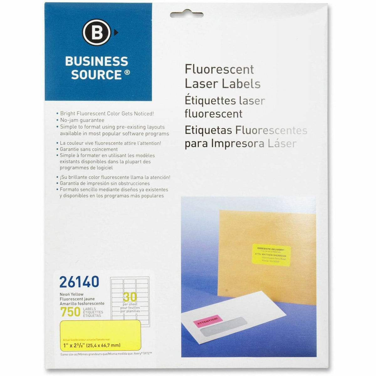 Business Source Neon Labels - 1" Width x 2 5/8" Length - Permanent Adhesive - Rectangle - Laser - Neon Yellow - Jam-free, Pressure Sensitive - 30 / Sheet - 750 / Pack