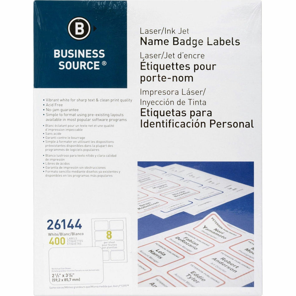 Business Source Laser/Inkjet Name Badge Labels - 2 1/3" Width x 3 3/8" Length - Rectangle - Laser, Inkjet - White - Self-adhesive, Jam-free - 8 / Sheet - 400 / Pack