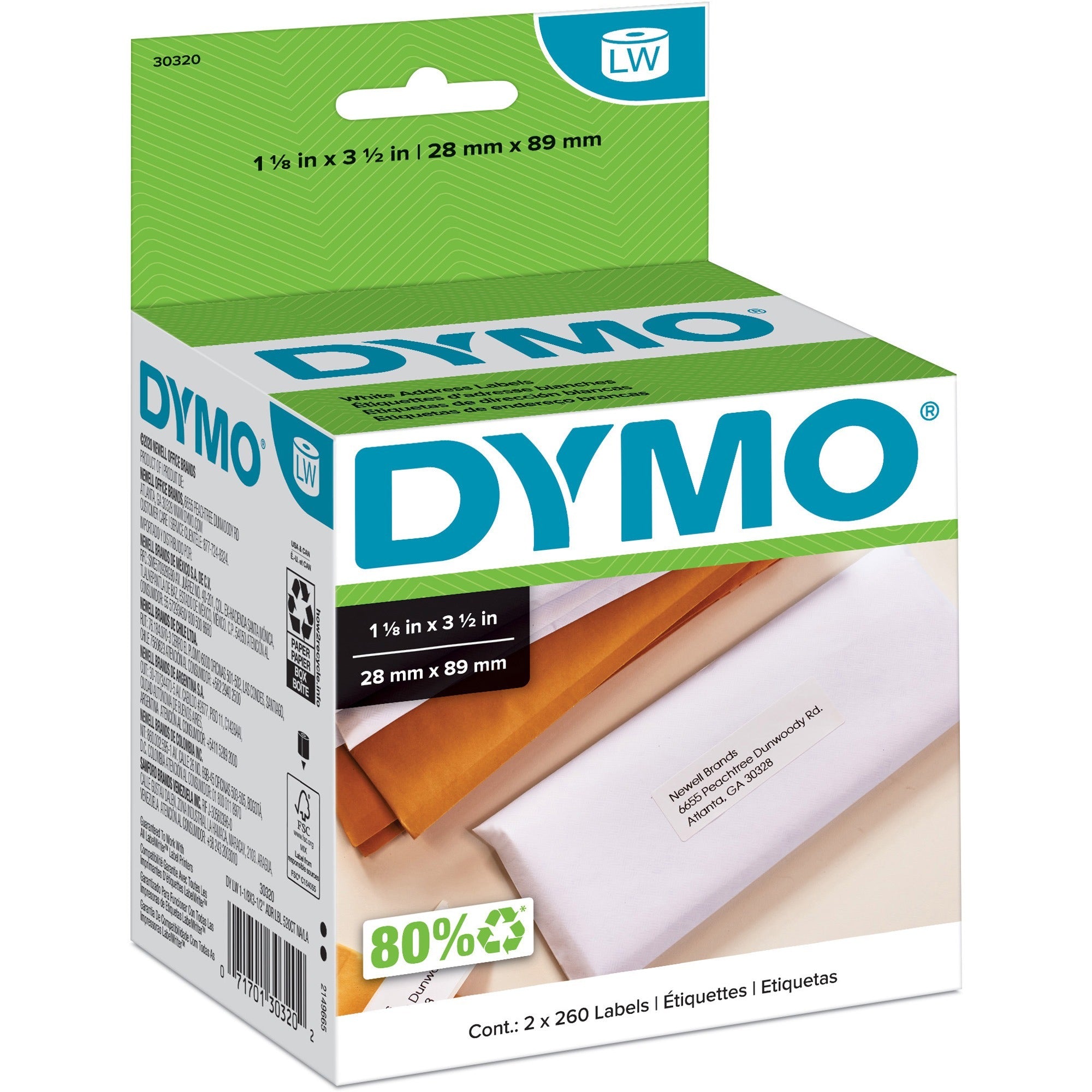 Dymo High-Capacity Address Labels - 1 1/8" Width x 3 1/2" Length - Permanent Adhesive - Rectangle - Direct Thermal - White - Paper - Self-adhesive - 260 / Roll - 2 / Box