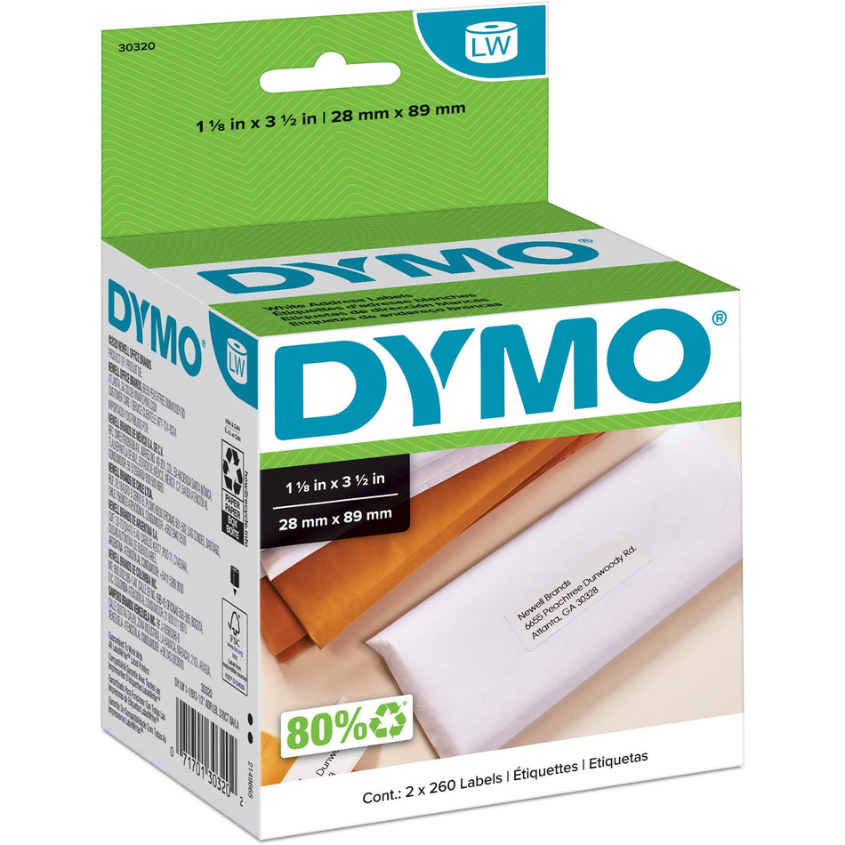 Dymo High-Capacity Address Labels - 1 1/8" Width x 3 1/2" Length - Permanent Adhesive - Rectangle - Direct Thermal - White - Paper - Self-adhesive - 260 / Roll - 2 / Box