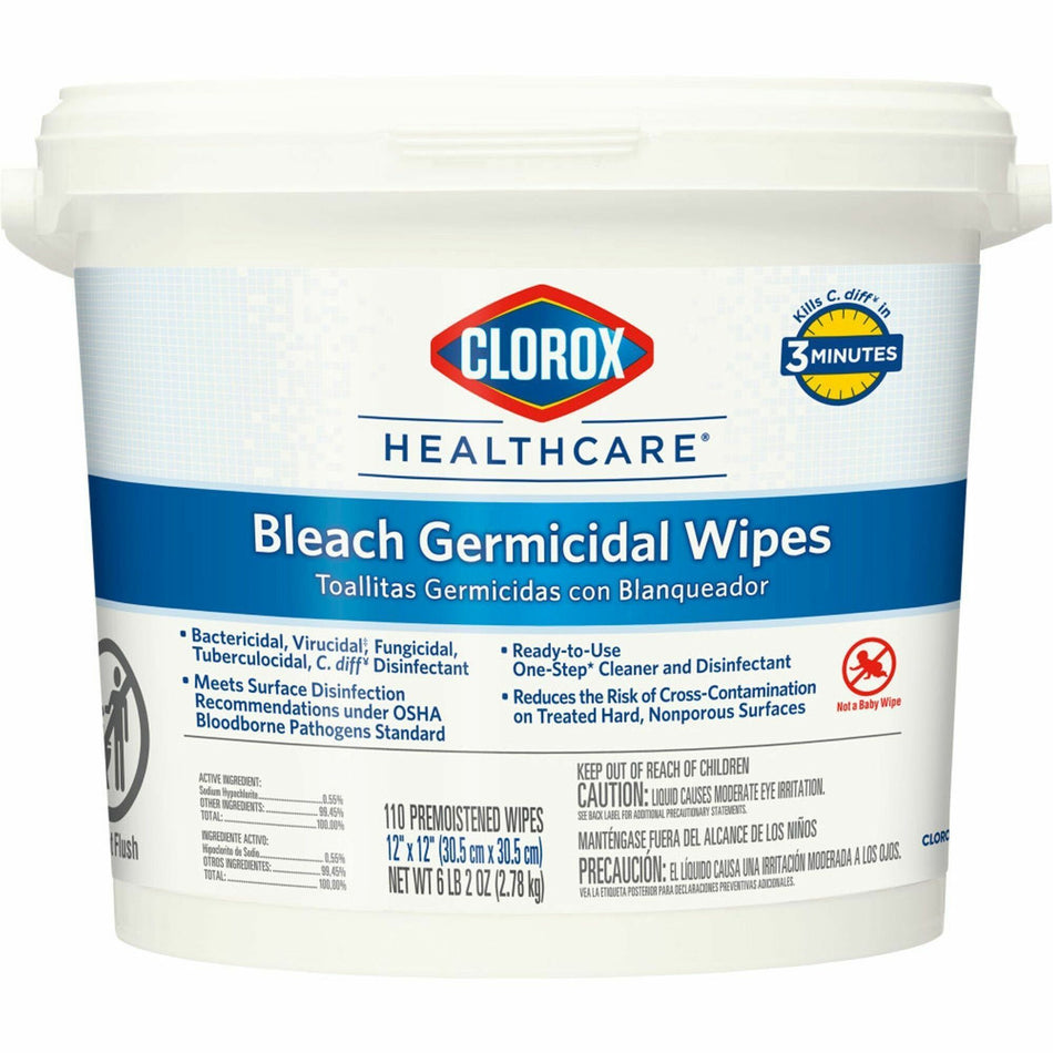 Clorox Healthcare Bleach Germicidal Wipes Bucket - Ready-To-Use - 12" Length x 12" Width - Disinfectant - White - 110/Tub - 1 Each