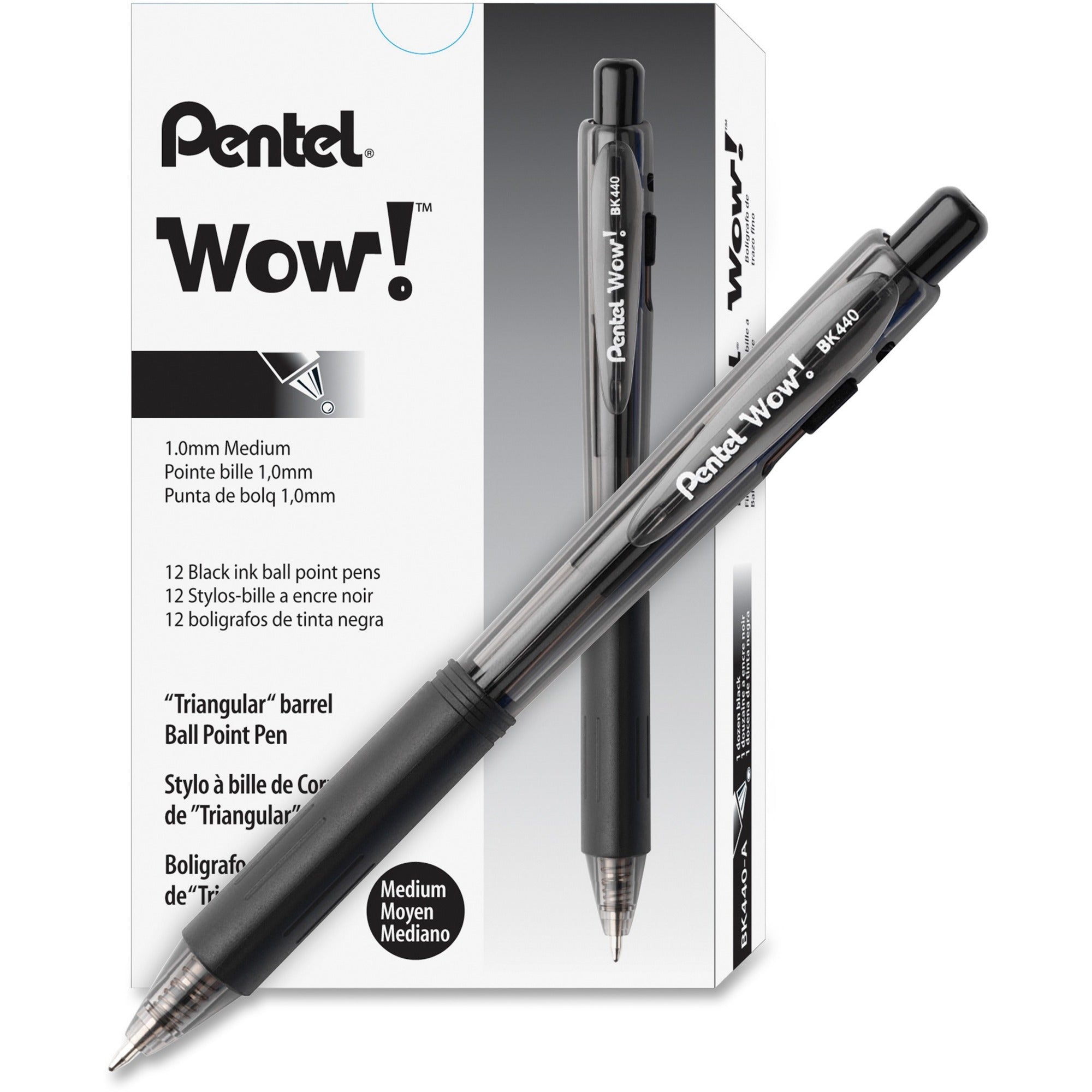 Pentel WOW! Retractable Ballpoint Pens - Medium Pen Point - Refillable - Retractable - Black Ink - Transparent Barrel - 36 / Pack