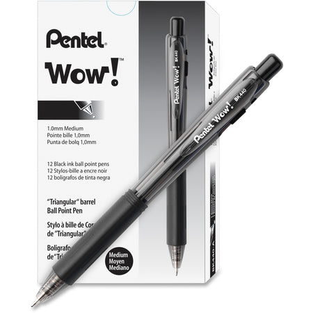 Pentel WOW! Retractable Ballpoint Pens - Medium Pen Point - Refillable - Retractable - Black Ink - Transparent Barrel - 36 / Pack