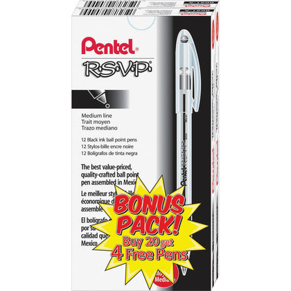 Pentel R.S.V.P. Ballpoint Pens - Medium Point Refillable Black Ink - 24 Pack