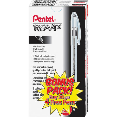 Pentel R.S.V.P. Ballpoint Stick Pens - Medium Pen Point - Refillable - Black Ink - Clear Barrel - Stainless Steel Tip - 24 / Pack