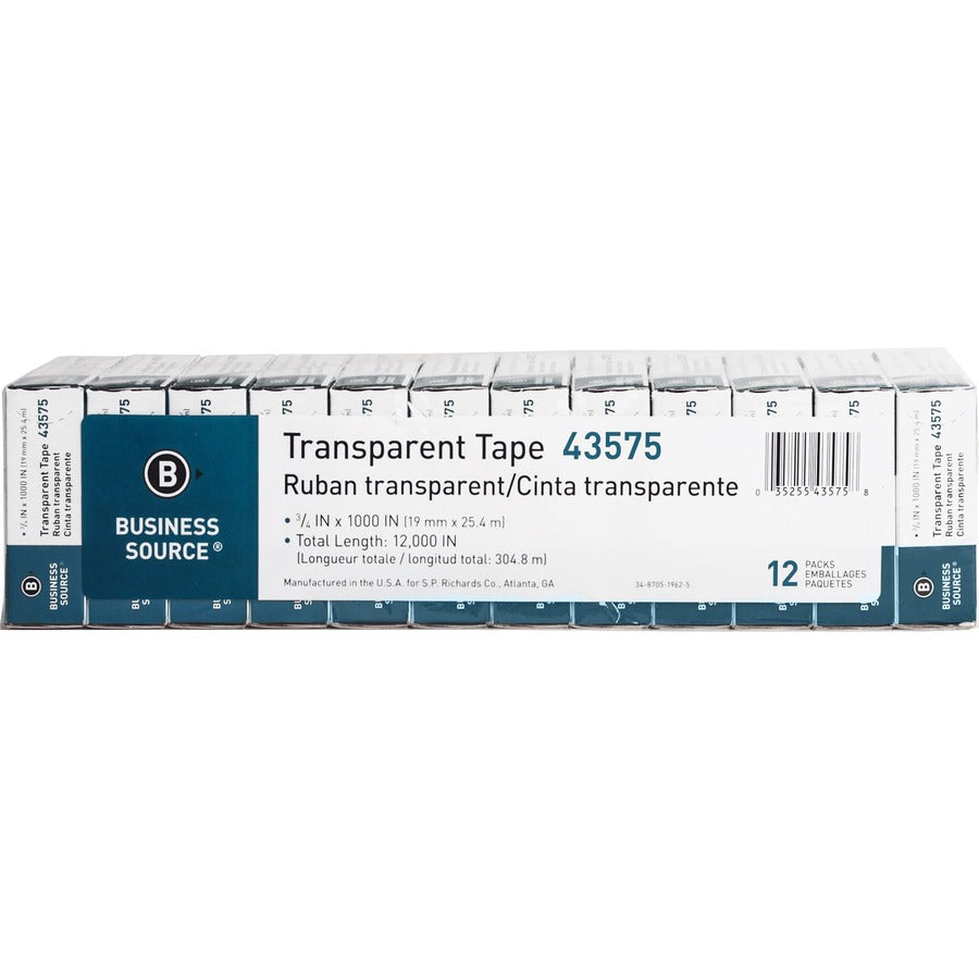 Business Source All-purpose Transparent Glossy Tape - 27.78 yd Length x 0.75" Width - 1" Core - Clear - For Sealing, Mending, Protecting - 12 / Pack