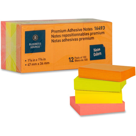 Business Source Premium Repostionable Adhesive Notes - 1 1/2" Flag/Note Width x 2" Flag/Note Length - Rectangle - Unruled - Neon - Self-adhesive, Repositionable, Solvent-free Adhesive - 12 / Pack