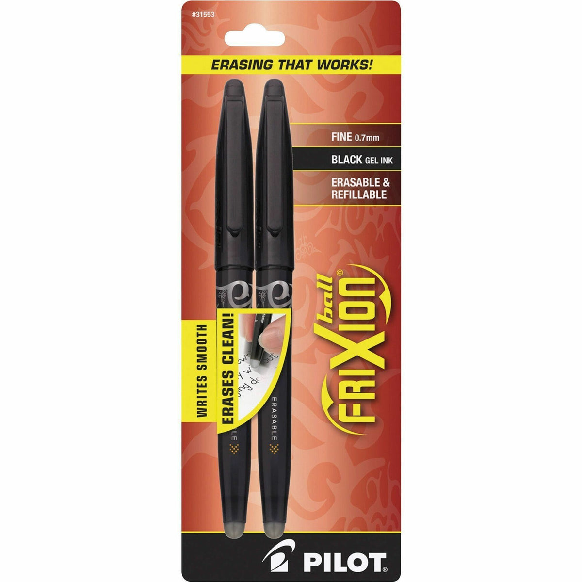 Pilot FriXion Ball Erasable Gel Pens - 0.7 mm Fine Pen Point - Erasable - Black Ink - Gel-based - Black Barrel - 2 / Pack