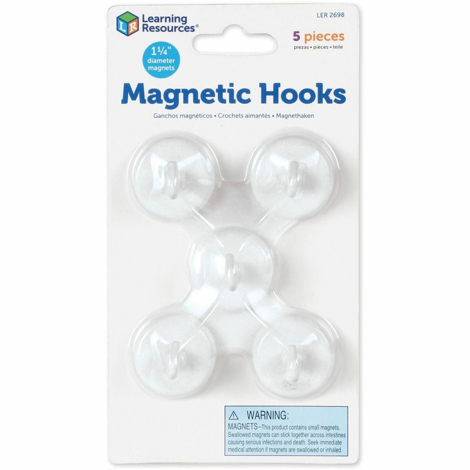 Learning Resources Original Magnetic Hooks - 13 lb (5.90 kg) Capacity - for Pocket Chart, Flip Book, Hall Pass, Decoration - White - 5 / Pack