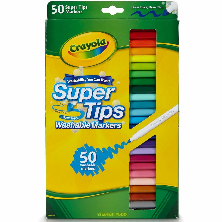 Crayola Super Tips 50-count Washable Markers - Conical Marker Point - Washable - Assorted Ink - Water Based - Clear Barrel - 50 / Set