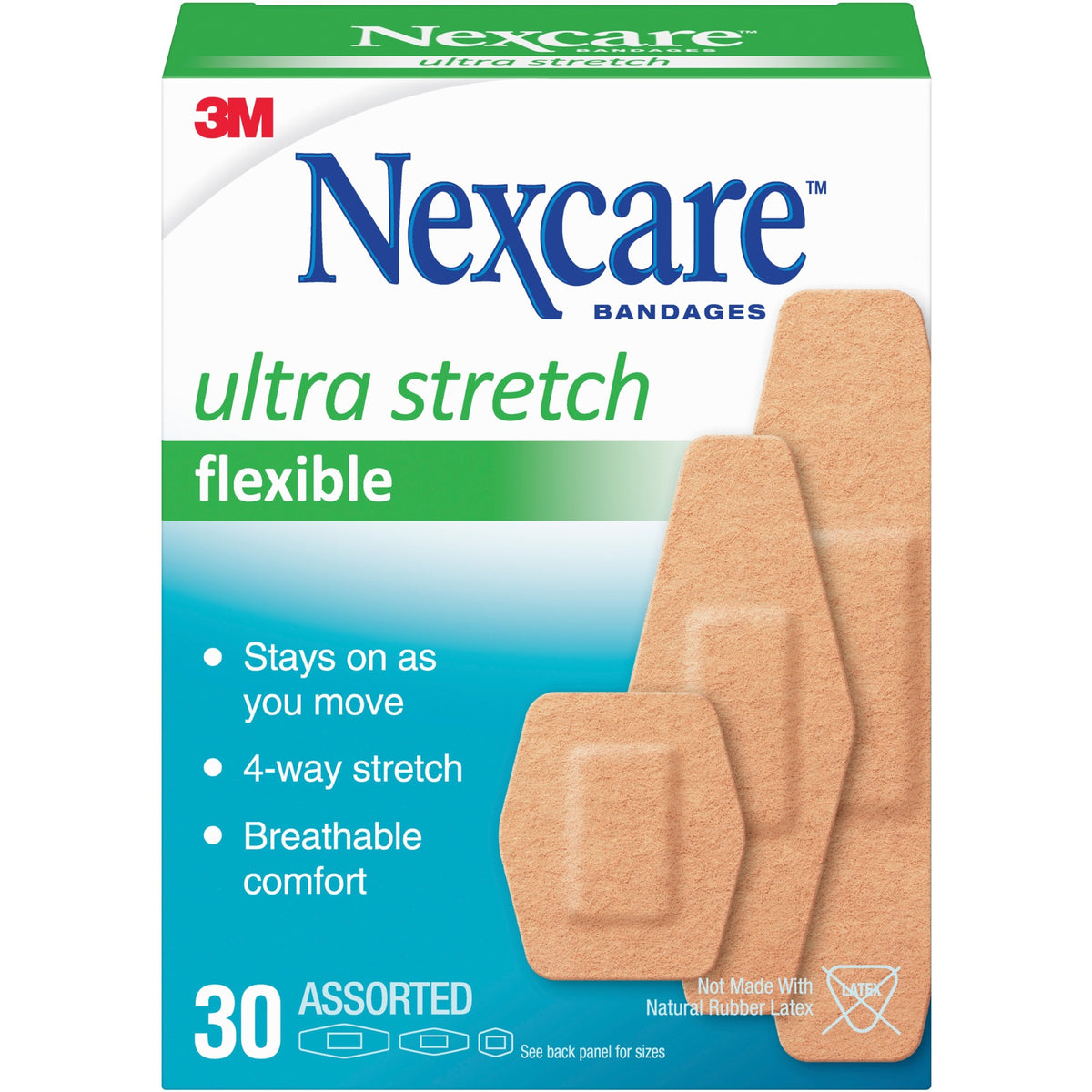 Nexcare Soft 'n Flex Bandages - Assorted Sizes - 0.94" , 1.13" , 0.88" Width x 1.13" , 3" , 2.25" Length - Tan - Fabric/ - 30 / Box