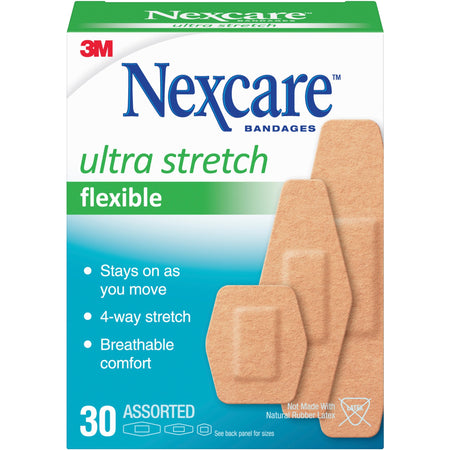 Nexcare Soft 'n Flex Bandages - Assorted Sizes - 0.94" , 1.13" , 0.88" Width x 1.13" , 3" , 2.25" Length - Tan - Fabric/ - 30 / Box