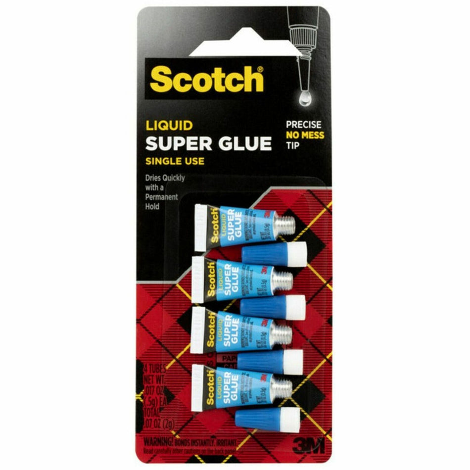 Scotch Super Glue Liquid - 0.05 grams Single-Use Tubes - 0.02 oz - Clear - 4 / Pack
