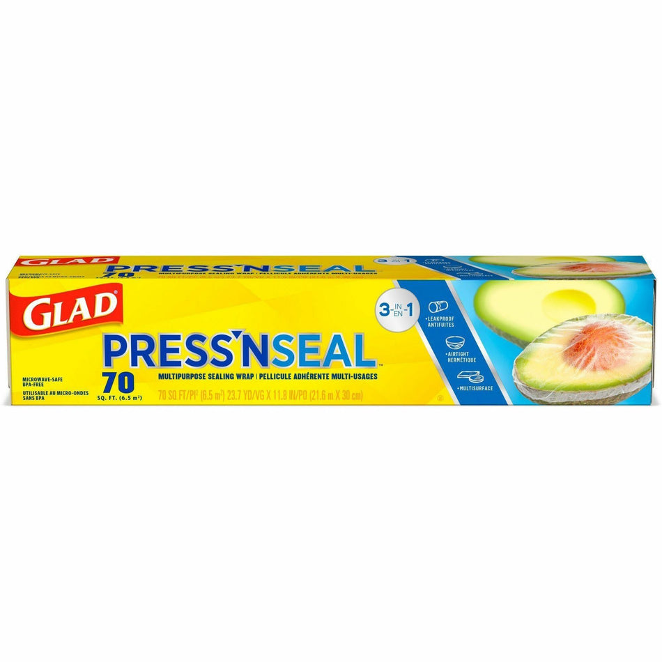 Glad 70 Square Foot Press'n Seal Food Plastic Wrap - 11.80" Width x 71.10 ft Length - Durable, Freezer Safe, Microwave Safe, Cutting Edge - Plastic - Clear - 1 Each