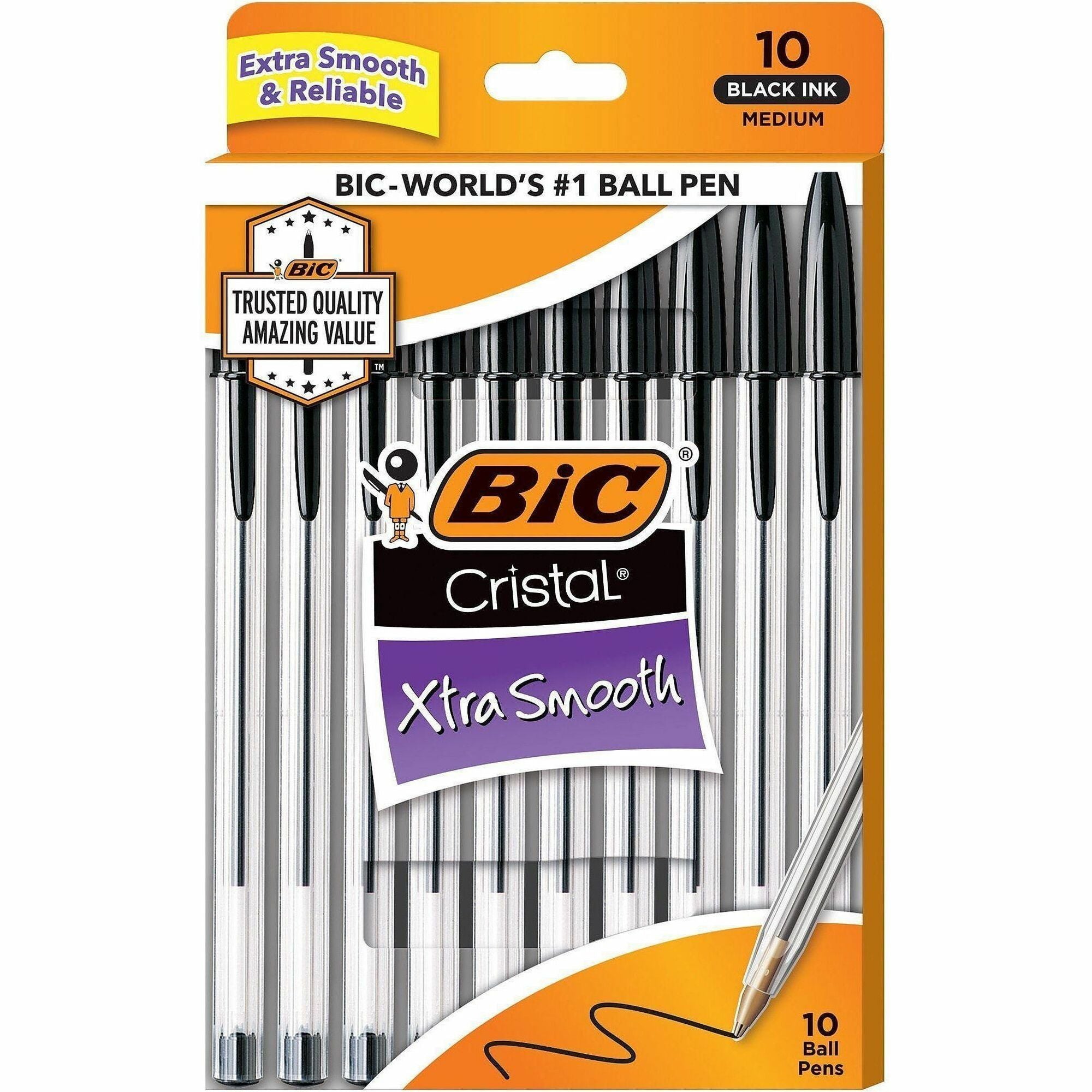 BIC Cristal Ballpoint Stick Pens - Medium Pen Point - Black Ink - Clear Barrel - 10 / Pack