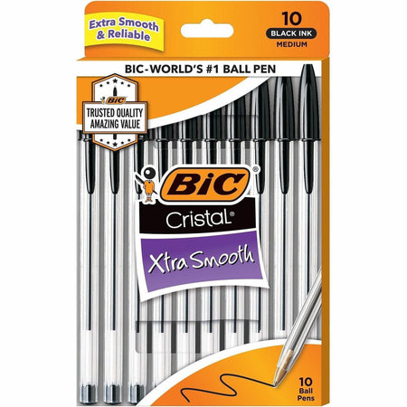 BIC Cristal Ballpoint Stick Pens - Medium Pen Point - Black Ink - Clear Barrel - 10 / Pack