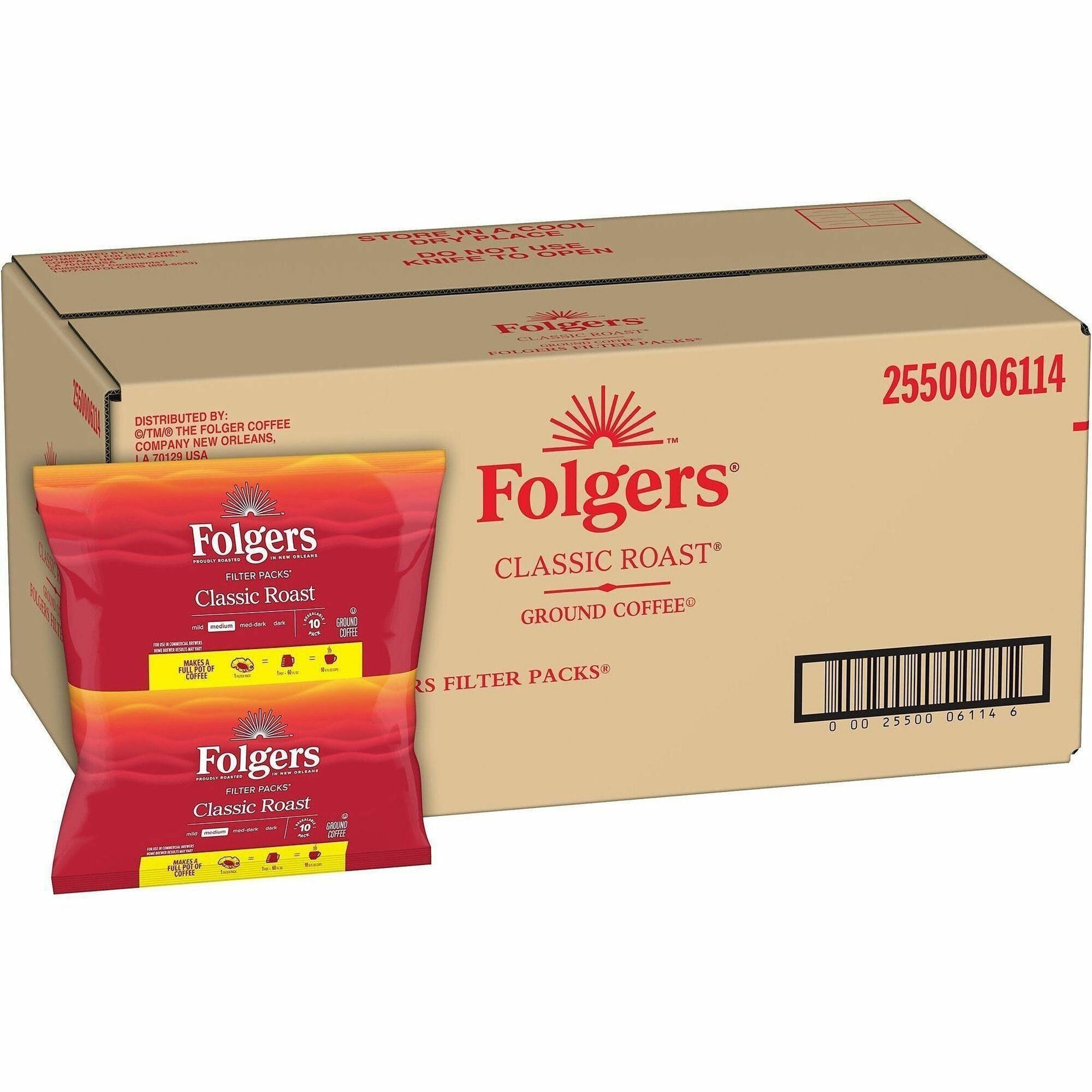 Folgers® Filter Pack Classic Roast Coffee - Regular - 0.9 oz - Filter Pack - 10/Pack - 16 / Carton