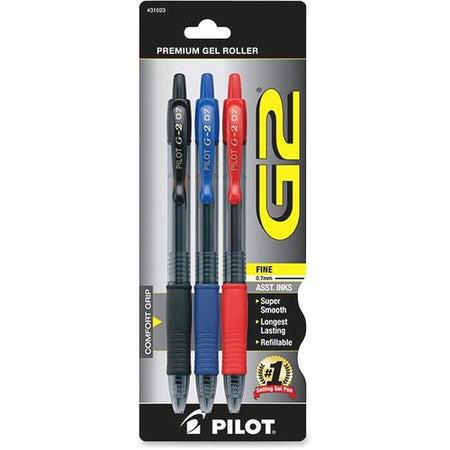 Pilot G2 Retractable Gel Ink Pens - 0.7 mm Fine Pen Point - Refillable - Retractable - Black, Blue, Red Ink - Gel-based - Black, Blue, Red Barrel - 3 / Pack
