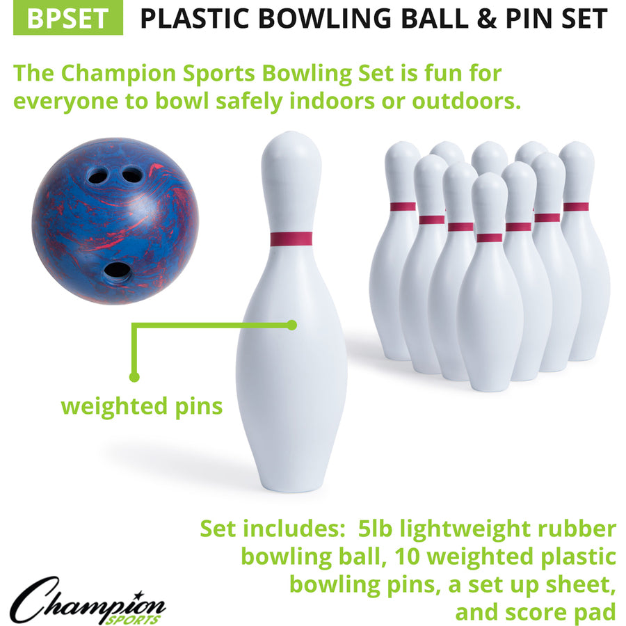 Champion Sports Plastic Bowling Ball & Pin Set - White - Plastic, Rubber - 10 / Set