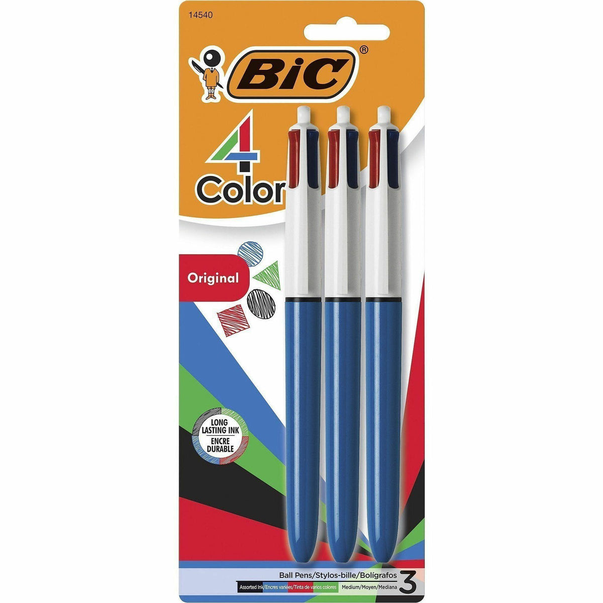 BIC 4-Color Retractable Ball Pen - 1 mm Medium Conical Pen Point - Refillable - Retractable - Black, Blue, Green, Red Ink - Opaque Blue Barrel - 3 / Pack