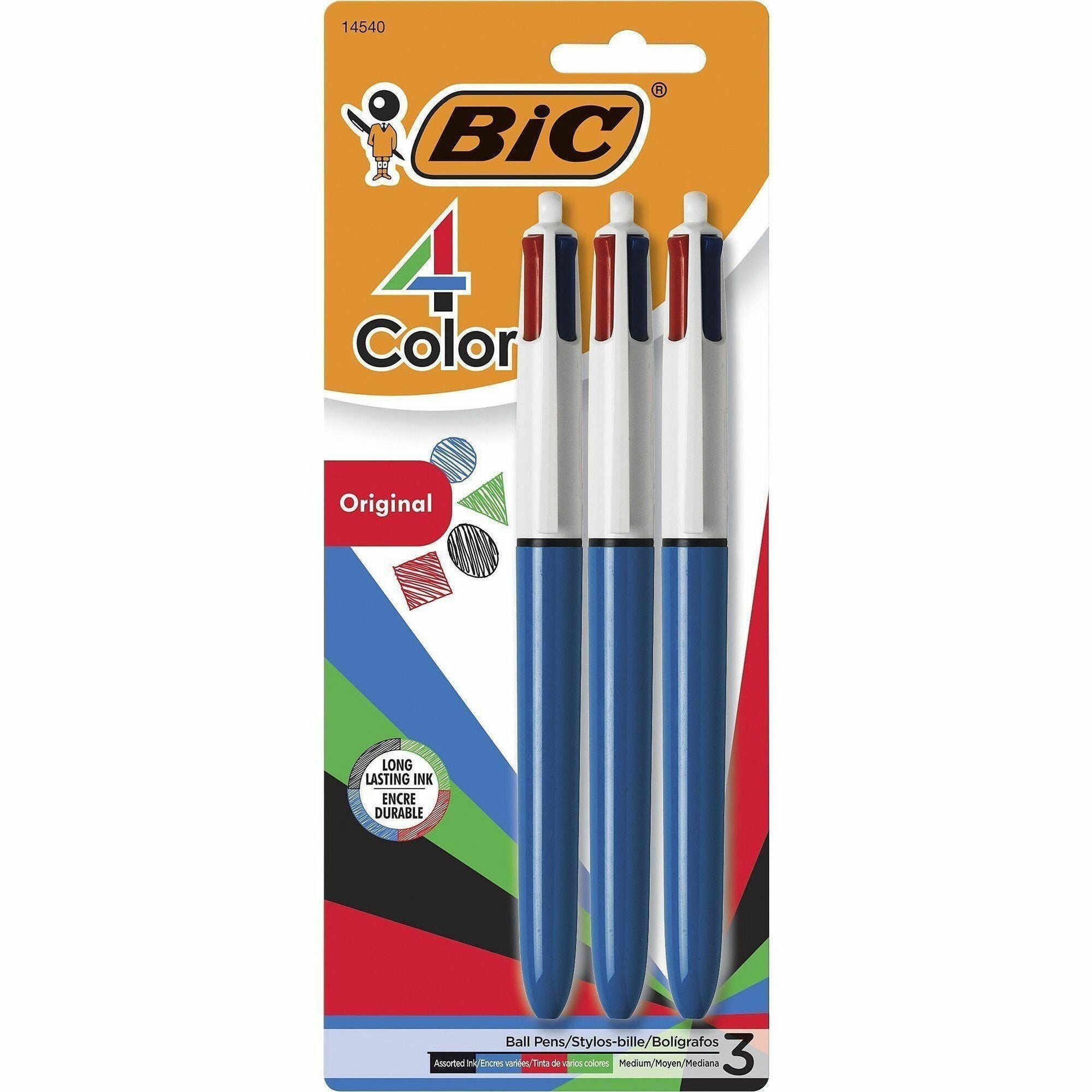 BIC 4-Color Retractable Ball Pen - 1 mm Medium Conical Pen Point - Refillable - Retractable - Black, Blue, Green, Red Ink - Opaque Blue Barrel - 3 / Pack
