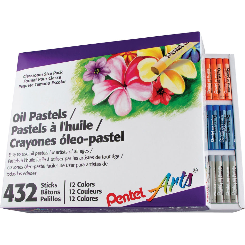 Pentel Arts Pentel Arts Oil Pastels - 2.4" Length x 0.4" Diameter - Black, Brown, Cobalt Blue, Gray, Green, Orange, White, Red, Pale Blue, Pale Orange, Lime Yellow, ... - 432 / Box