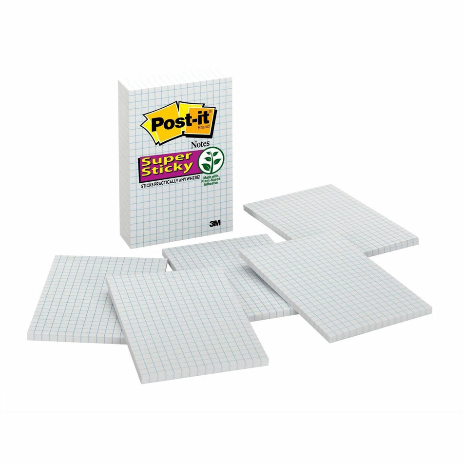 Post-it® Grid-Lined Notes - 600 x White - 4" Flag/Note Width x 6" Flag/Note Length - Rectangle - 50 Sheets per Pad - Grid - White - Paper - Self-adhesive, Repositionable - 6 / Pack